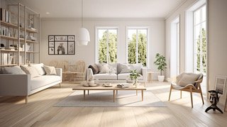 Un salon lumineux et moderne avec de grandes fenêtres permettant à la lumière naturelle de remplir l'espace. La pièce dispose de parquet en bois clair, d'un canapé blanc, d'un fauteuil confortable, d'une table basse en bois, d'une plante et d'étagères. Les murs sont décorés de tableaux encadrés.